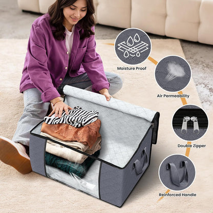 Skiennix Large Clothes Storage Bags - 4 Pack Foldable Organizers with Clear Window for Blankets & Seasonal Clothing | Gray