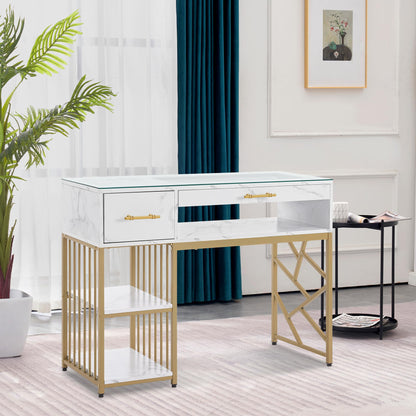 BarberPub Modern Manicure Table with Drawers, Marbling Texture Nail Desk with Storage Shelves, Glass Top, Beauty Salon Nail Station 2460 (White)