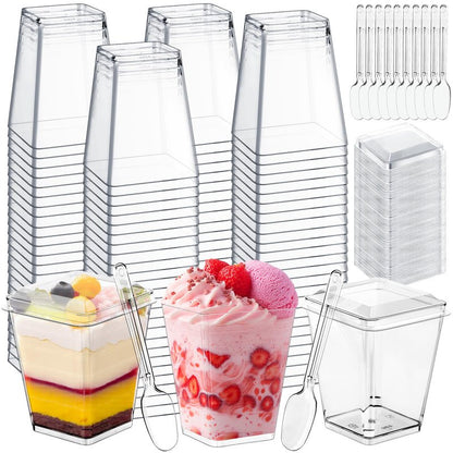 LifeIdeas 150 Pcs Mini Dessert Cups with Spoons and Lids, 5 Oz Square Vasitos Para Postres, Shooters Cups for Party, Clear Yogurt Parfait Cups for Pudding, Fruit, Mousse, Snacks & Appetizers