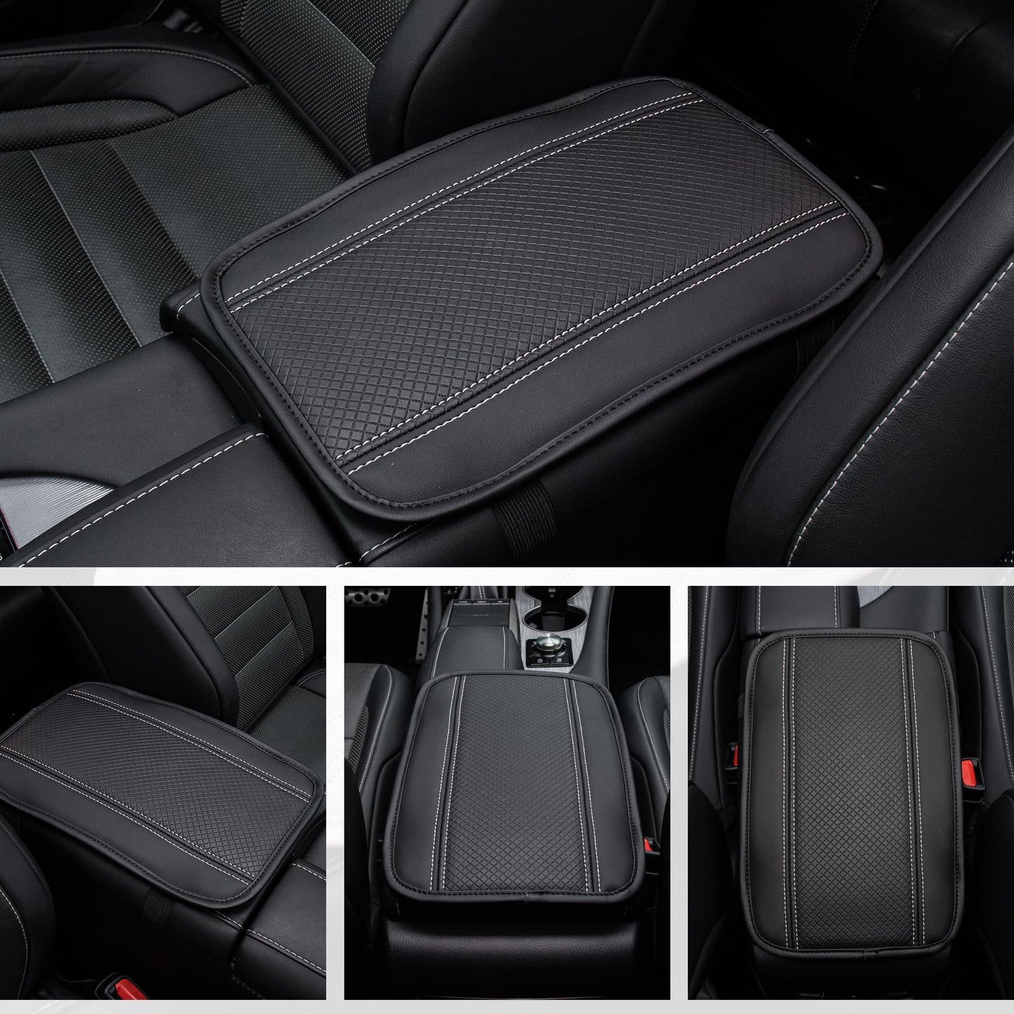 Amiss Car Center Console Pad, Universal Waterproof Car Armrest Seat Box Cover, PU Leather Auto Armrest Cover Protector，Vehicle Interior Accessories fits SUV/Truck/Car (Black-Silvery)