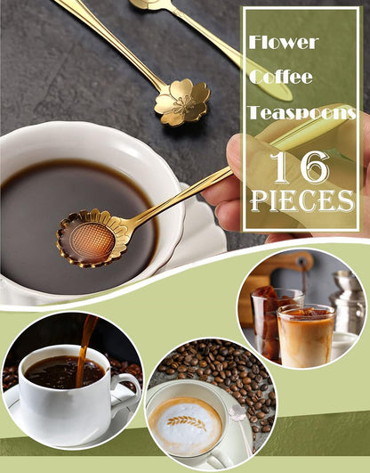 ESRISE 16 Pcs Stainless Steel Cute Tea Spoons, Gold Coffee Spoon for Tea Party Decorations