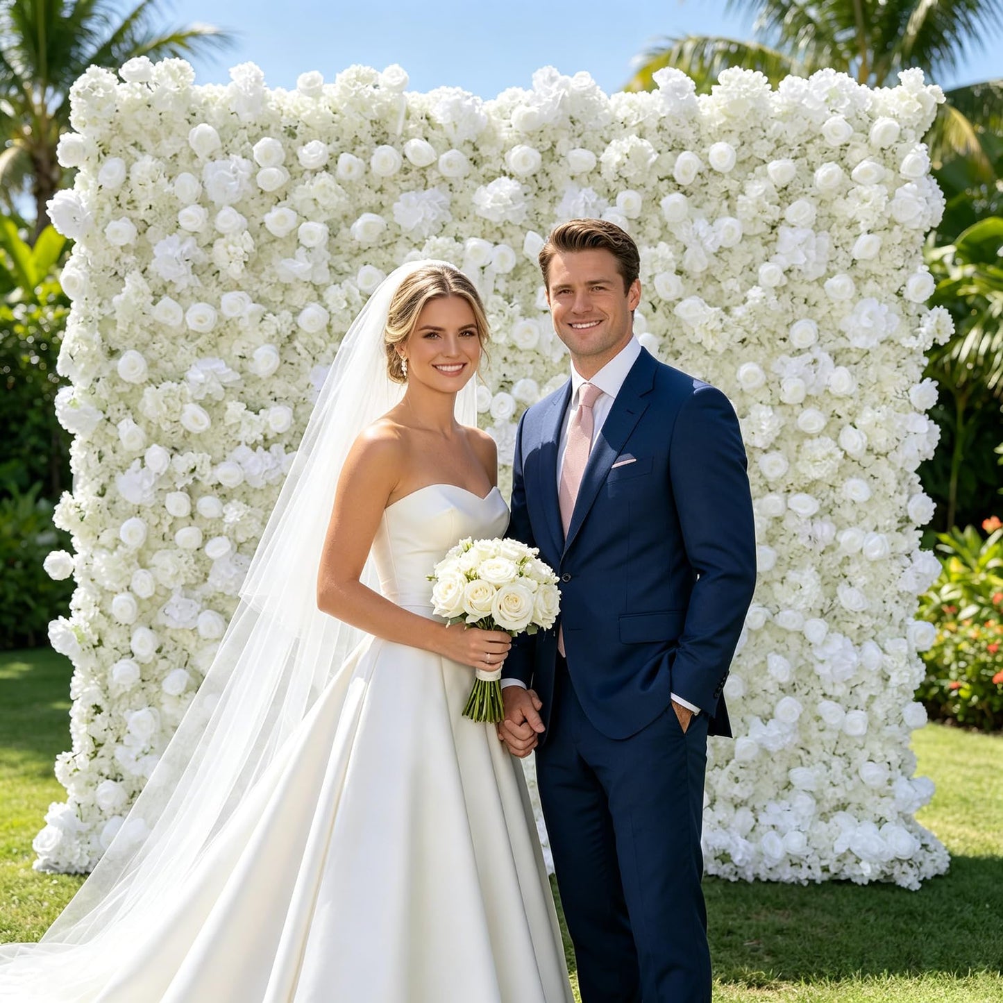 5D White Realistic Rose wall Backdrop, 8×8ft,Artificial Flower wall Panel. Easy to Install and Store, Reusable. Perfect for Weddings, Birthday Parties, and Home Decoration. Withouf Stand
