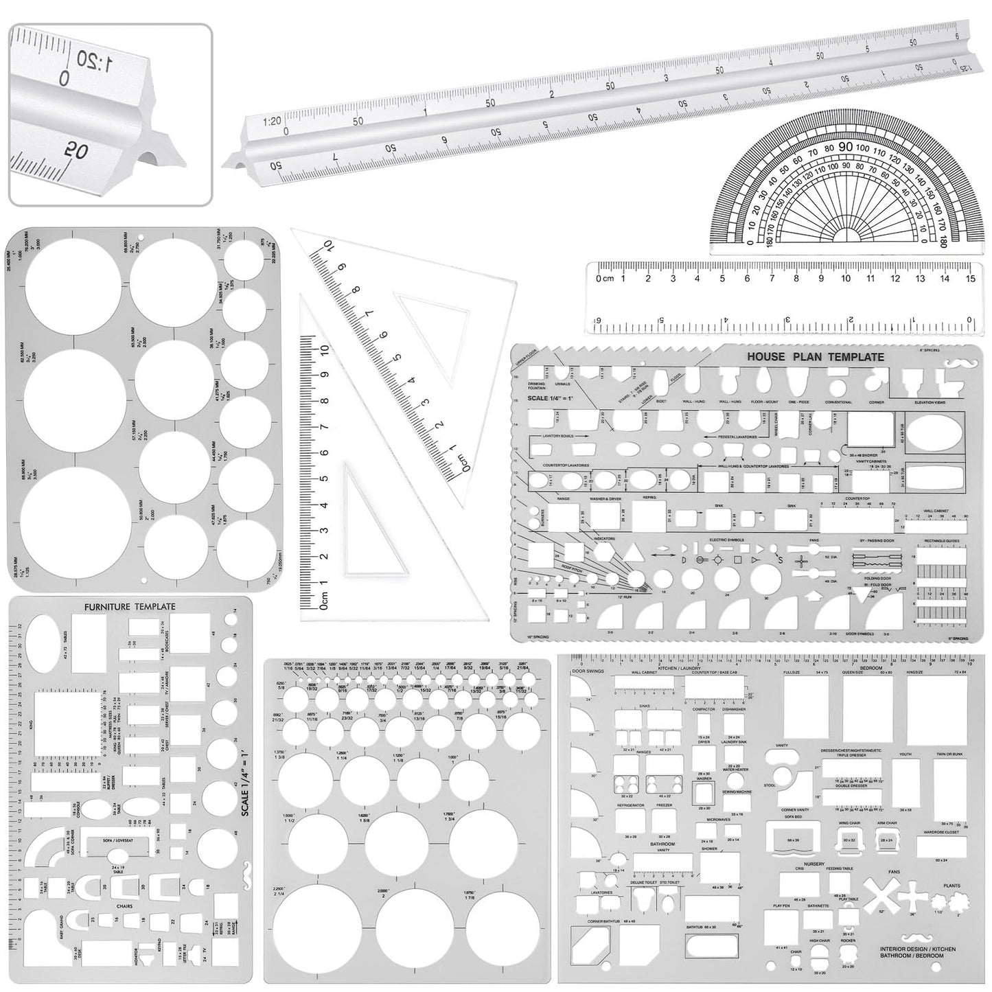 Zonon 10 Pcs Plastic Drawing Template Ruler Geometric Drawing 12 Inch Triangular Aluminum Architect Scale Measuring Templates Building Geometric Kit Plastic Ruler for Drafting (Classic,Clear)