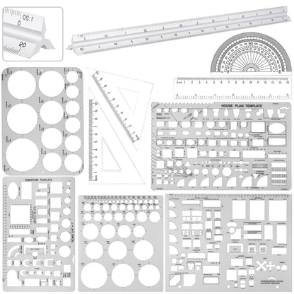 Zonon 10 Pcs Plastic Drawing Template Ruler Geometric Drawing 12 Inch Triangular Aluminum Architect Scale Measuring Templates Building Geometric Kit Plastic Ruler for Drafting (Classic,Clear)
