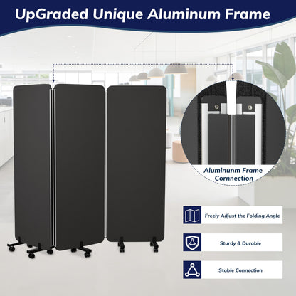 KERRAM 3 Panel Foldable Office Partitions, Mobile Cubicle Wall with Wheels, 71 x 66 Inch Noise Cancelling & Sound Proof Room Dividers Partition Wall, Aluminum Frame Dark Gray