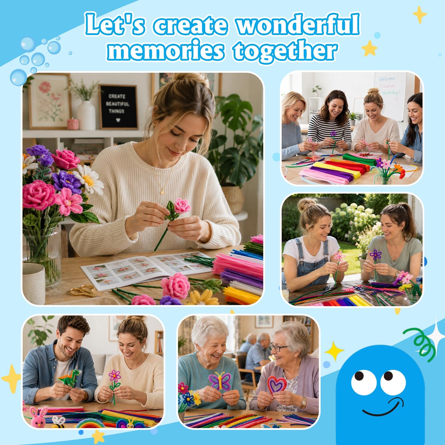 POMBUDS 572 PCS Pipe Cleaners Flower Kit, 13 Colors Chenille Stems with Floral Wires, Stamen, Tapes, Dot Glue, Instruction & White Box – DIY Craft Set for Handmade Bouquets