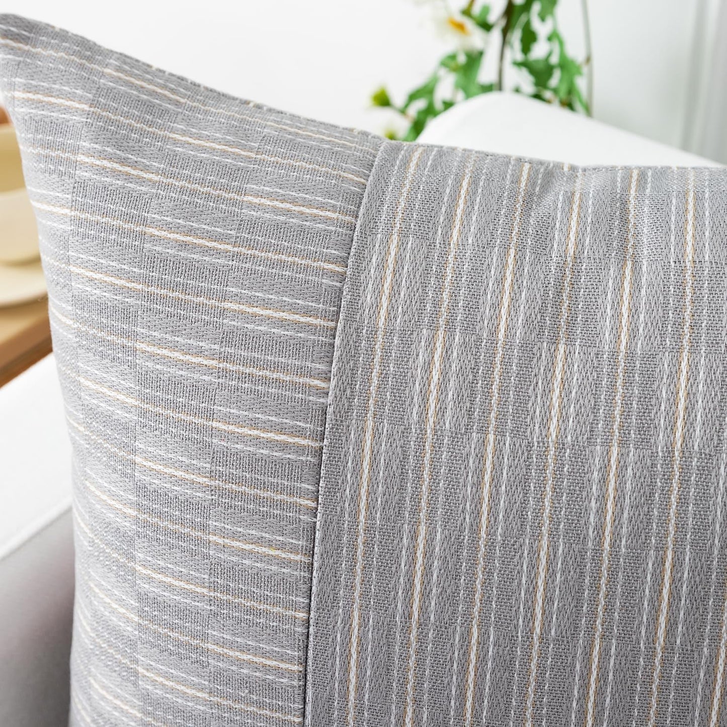 20x20, Set 2, Kevin Textile Grey and Beige Farmhouse Striped Patchwork Linen Decorative Throw Pillows Covers of Modern
