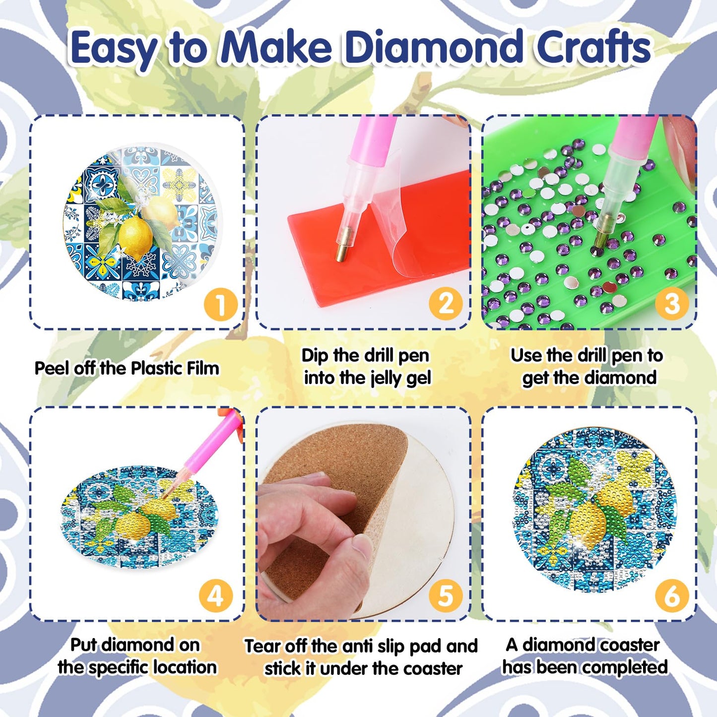 Lemon Diamond Art Coasters - 8 Pcs Diamond Painting Coasters Kit, Amalfi Coast Italy Souvenirs Rhinestone Gem Art Craft Kit for Adult Women