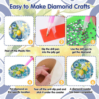 Lemon Diamond Art Coasters - 8 Pcs Diamond Painting Coasters Kit, Amalfi Coast Italy Souvenirs Rhinestone Gem Art Craft Kit for Adult Women