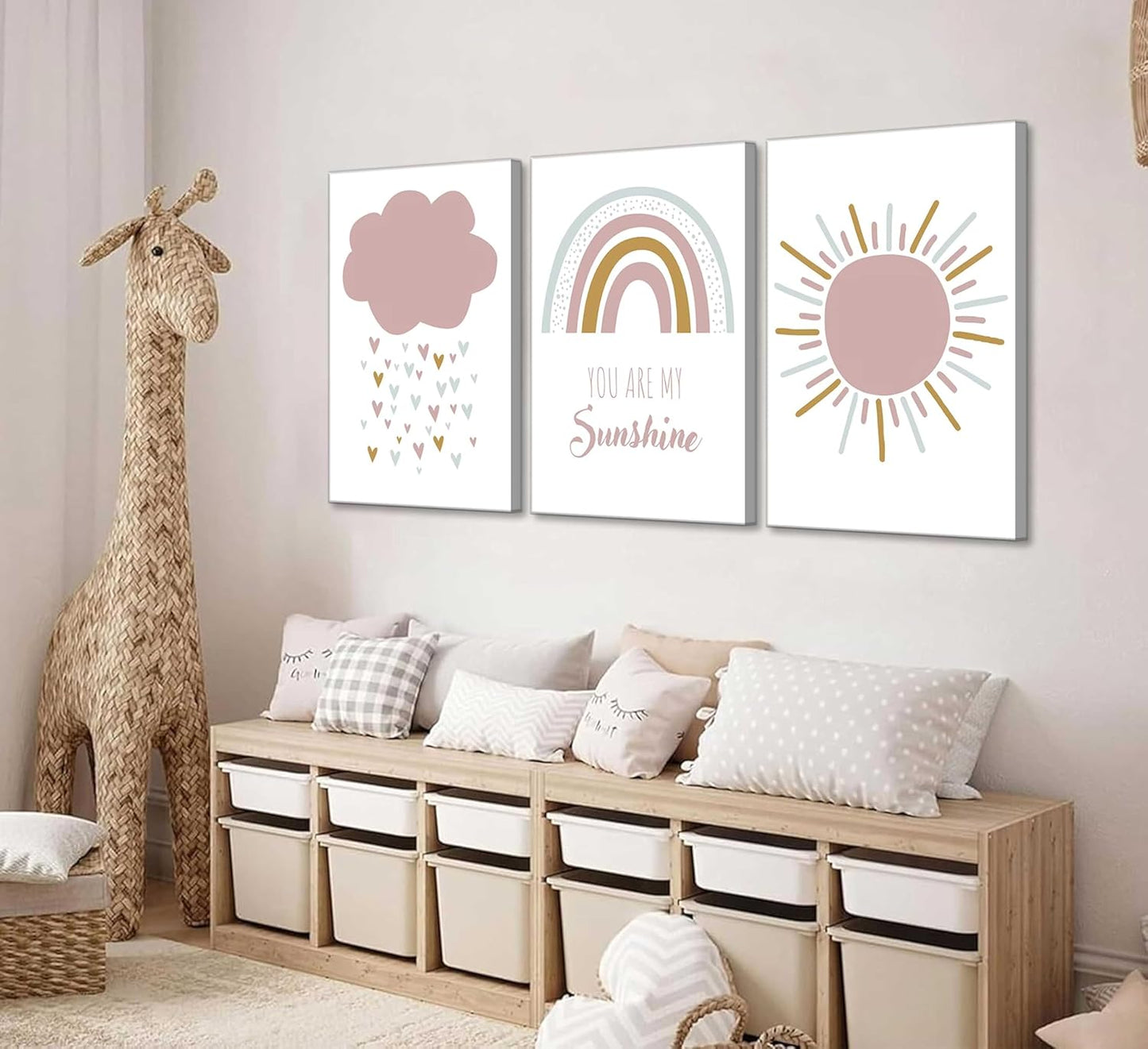 3 Pcs Boho Nursery Canvas Wall Art You Are My Sunshine Pink Sun Rainbow Cloud Painting Pictures Wall Decor Poster Print