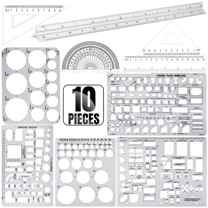 Zonon 10 Pcs Plastic Drawing Template Ruler Geometric Drawing 12 Inch Triangular Aluminum Architect Scale Measuring Templates Building Geometric Kit Plastic Ruler for Drafting (Classic,Clear)
