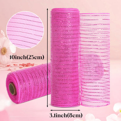 ICOSHOW 2 Rolls Mesh Ribbon for Wreaths 10 Inch x 30 Foot Wreath Mesh Rolls with Metallic Foil for Easter Christmas Party Wedding Home Decor DIY Craft Projects and Gift Wrapping (Pink)