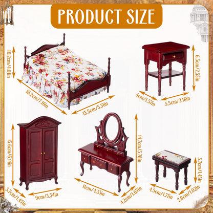 Skylety 6 Pcs Dollhouse Furniture 1: 12 Scale Wooden Victorian Dollhouse Bedroom Furniture Set Include Bed Dressing Table Wardrobe for Adults Toys Miniature Doll House Accessories