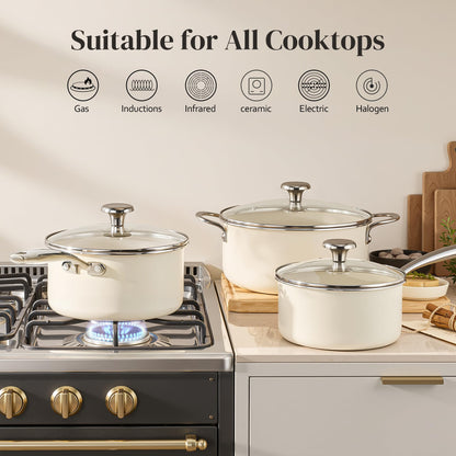 Redchef Cooking Pot Set Induction 5Qt, Saucepan Set 2.5/3.5Qt Nonstick Ceramic Cookware Set, Compatible All Cooktops, Even Heat, Stay-Cool Handles, Oven/Dishwasher Safe, PTFE PFAS Free (Beige)