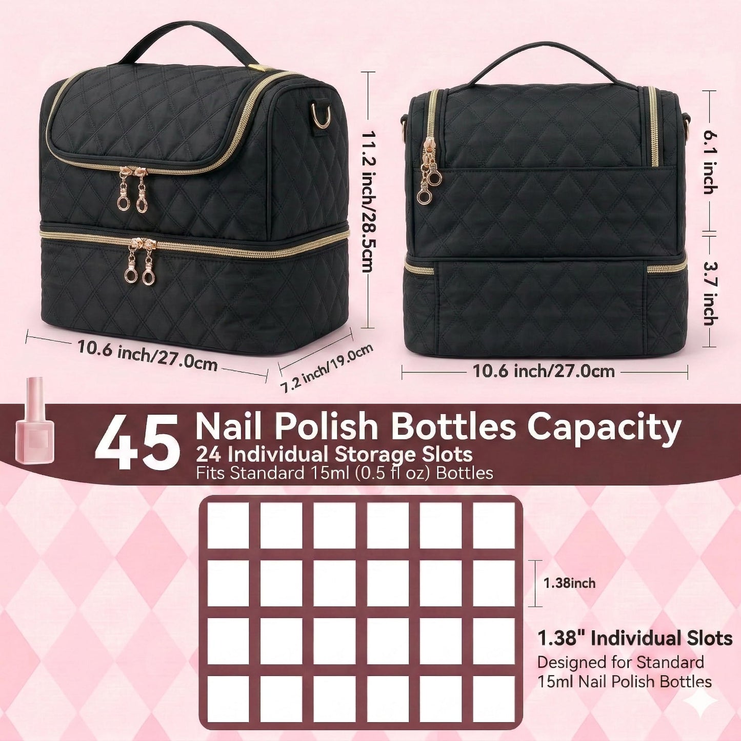 BAGCRAZY Nail Polish Organizer Case, Double Layer Nail Supplies Storage Bag holds 24 Bottles & UV/LED Lamp, Quilted Portable Manicure Travel Case with 8 Pcs Tools, for Nail Tech, Home & Salon, Black