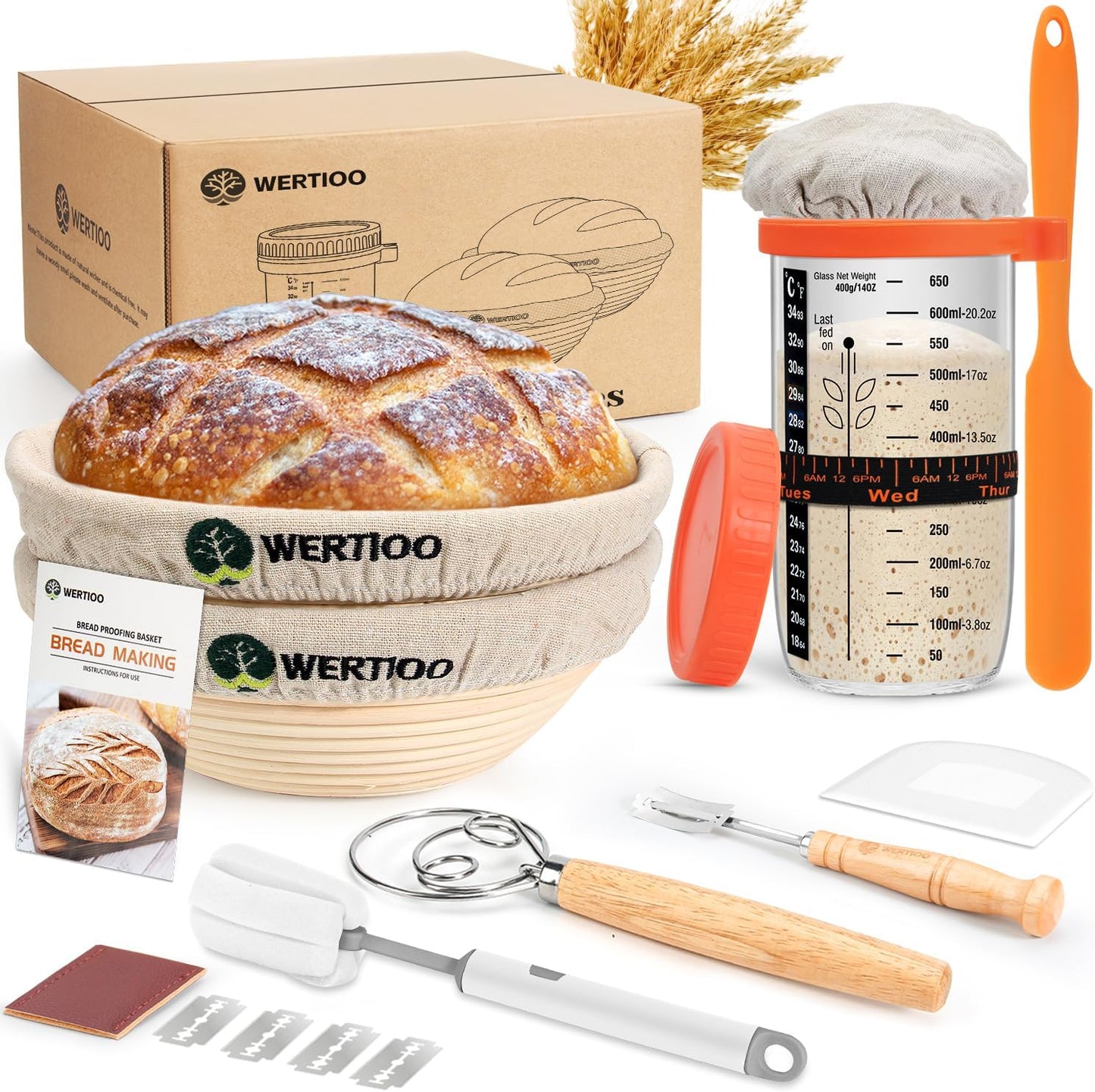 2 9 Inch 24 Oz Sourdough Bread Baking Supplies, Sourdough Starter Kit, Round Banneton Bread Proofing Basket with Glass