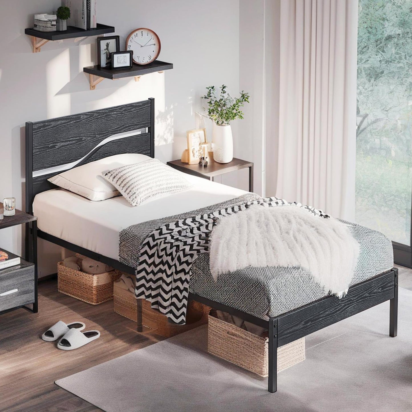 VECELO Twin Size Bed Frame with Wood Headboard, Heavy-Duty Metal Slats Support, Easy Assembly, No Box Spring Needed, Black