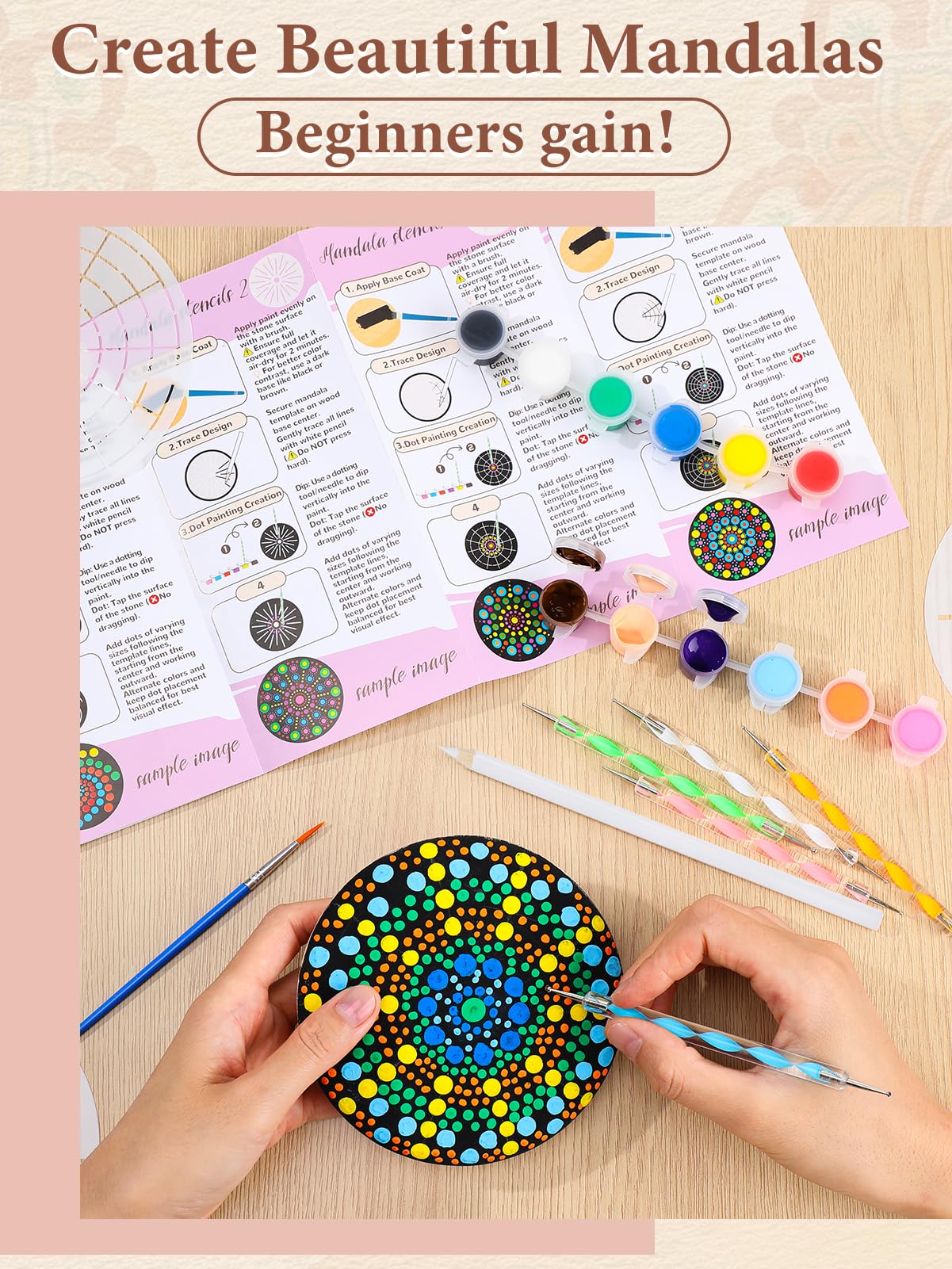 Beeplove Relaxing Crafts for Adults - Gifts for Women Mom Daughter Sister Friend Co-Worker, Beginner Friendly Mandala Rock Painting Kit with Stencils Dotting Tools
