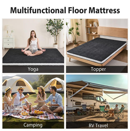 Zelladorra Japanese Floor Mattress, Quilted Futon Mattress with Anti-Slip Bottom, Foldable Floor Bed with Storage Bag and Straps, (Black, Full)