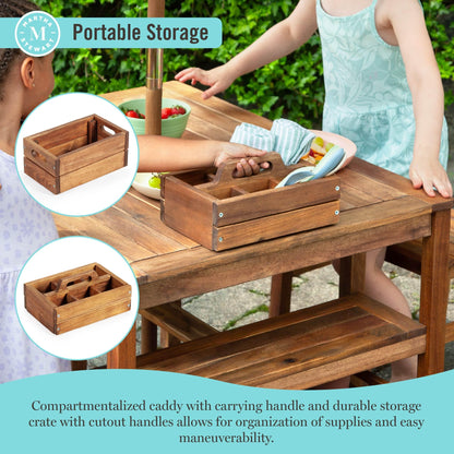 Martha Stewart Kids Outdoor Craft Table and 2 Bench Set: Acacia Wood Activity Desk w/Crate, Caddy, and Storage Shelves | Kids Play & Picnic Table w/Benches for Backyard, Patio, Outdoor Classrooms