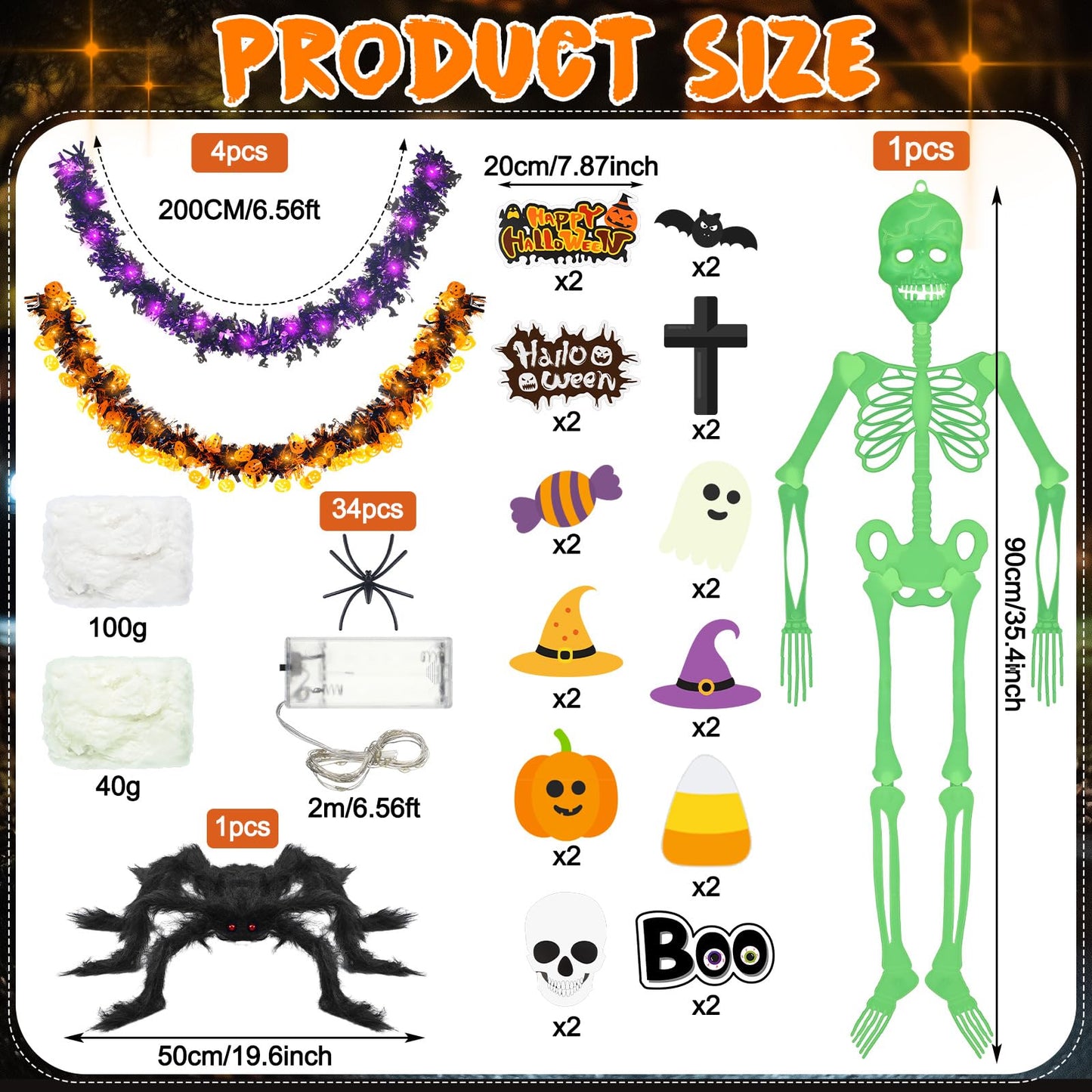Suncalla Halloween Golf Cart Decoration Kit-Halloween Car Decorations-Skeleton Glow in Dark, Fake Spider Web, Spider, Purple Garland, Sticker for Trunk or Treat Parade Indoor Outdoor Golf Cart Party