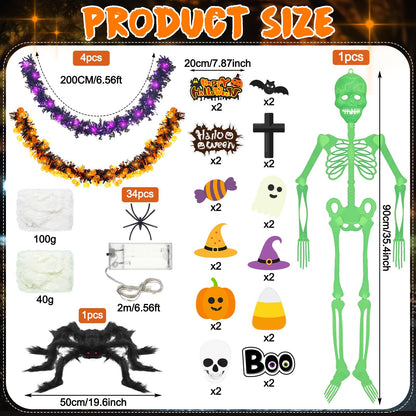 Suncalla Halloween Golf Cart Decoration Kit-Halloween Car Decorations-Skeleton Glow in Dark, Fake Spider Web, Spider, Purple Garland, Sticker for Trunk or Treat Parade Indoor Outdoor Golf Cart Party