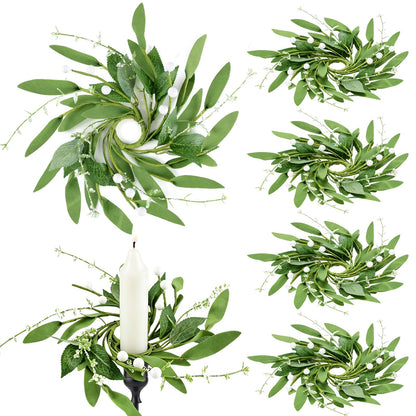 6 PCS 1.38" Mini Spring Summer Taper Candle Ring Mini Green Eucalyptus Candle Rings for Tapers Small Artificial Greenery Candle Holder Wreaths for Table Centerpieces Home Farmhouse Candlesticks Decor