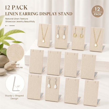 RattanView 12 Pieces Linen Earring Display Stand Necklace Pendant Jewelry Stand Showcase Organizer Display Holder for Earring Pendant Accessory Rack(Linen Color,Straight Style)