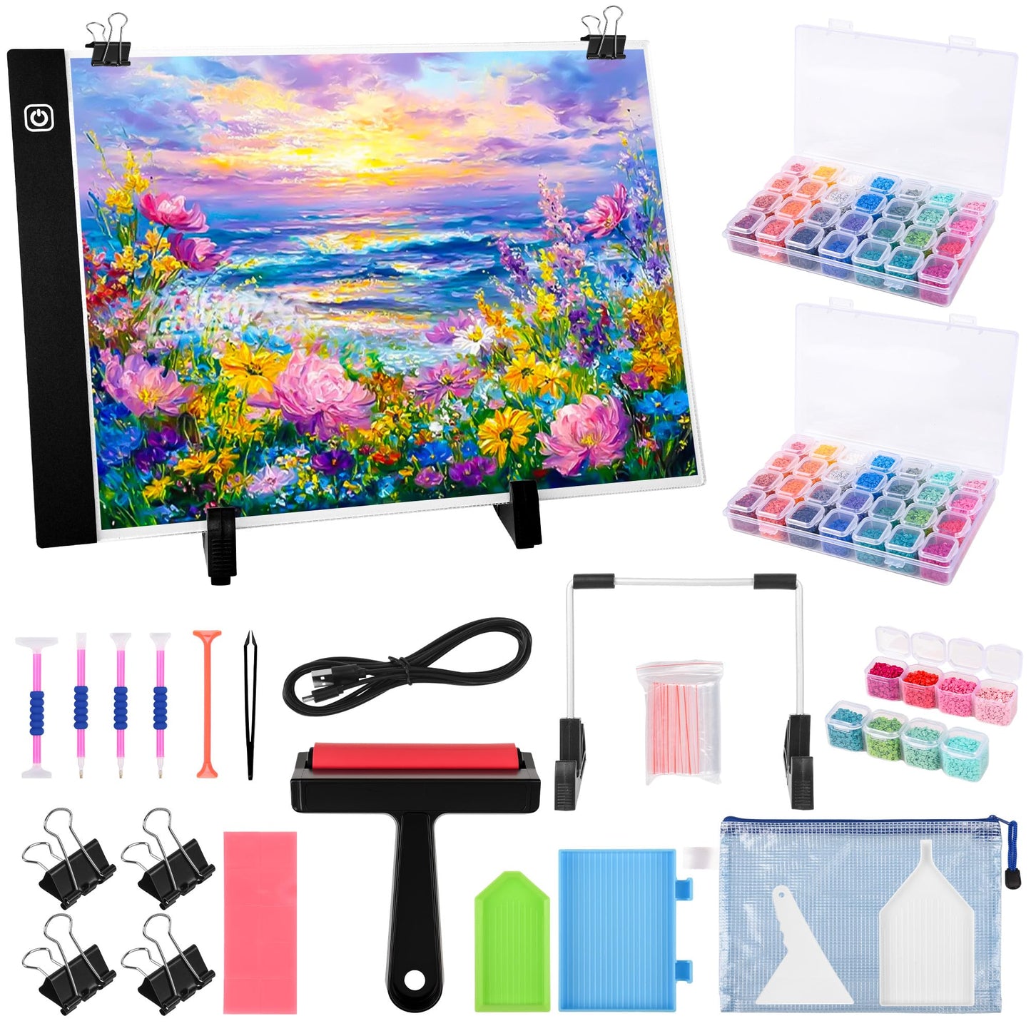 Diamond Painting Storage Accessories Kit with A4 LED Light Pad, Bead Organizers, Drill Pens, Storage Boxes, and Tools (A4 Light Pad Kit)