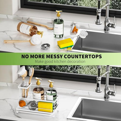 Cisily Stainless Steel Kitchen Sink Caddy - Rustproof Organizer with Non-Slip Soap Dish & Sponge Holder | White