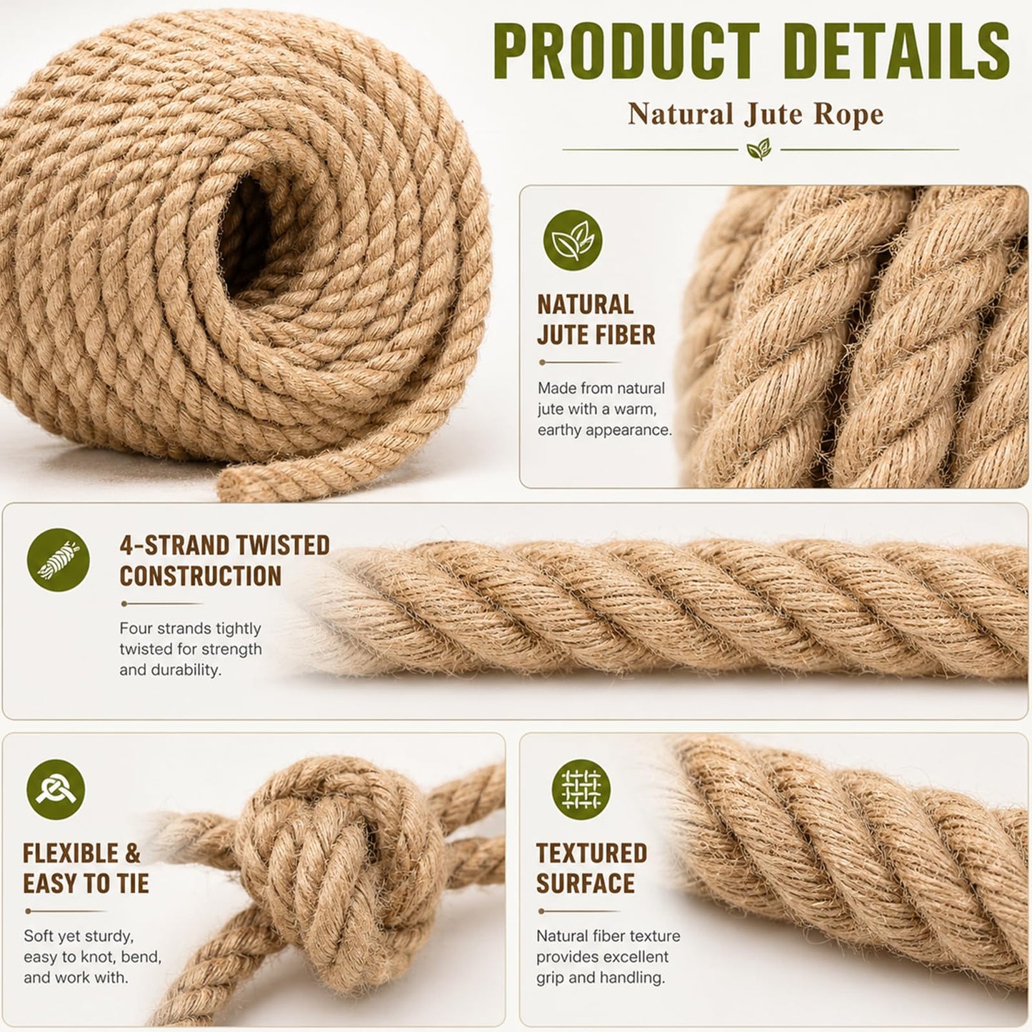 Natural Jute Rope Thick Hemp Rope (1/2 Inch x 150 Feet) Strong Jute Twine for DIY Crafts Gardening Hammock Home Decorating
