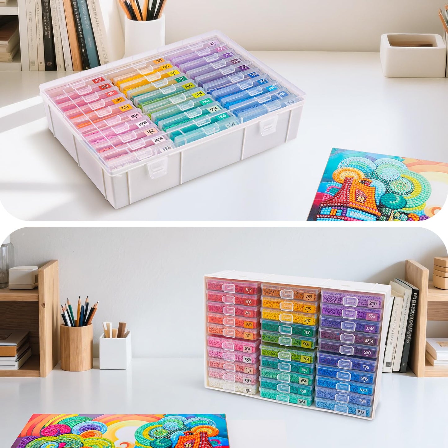 MOLEDINO 30 Pcs Diamond Painting Storage Trays with Lids, 2-in-1 Diamond Art Containers Trays Kit for Drills with 1 Large White Plastic Organizer Box, Stackable Bead Storage and Line-Up Accessories