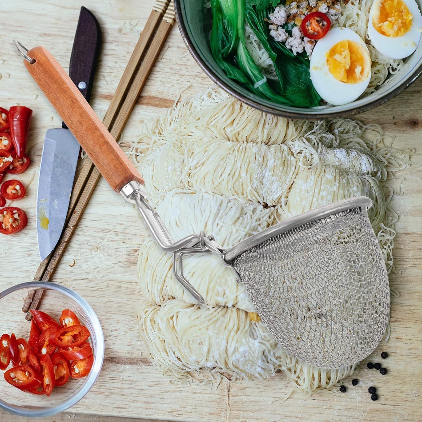 Kichvoe Stainless Steel Noodle Strainer, Fine Wire Mesh Pasta Basket for Cooking, Frying, and Dumplings