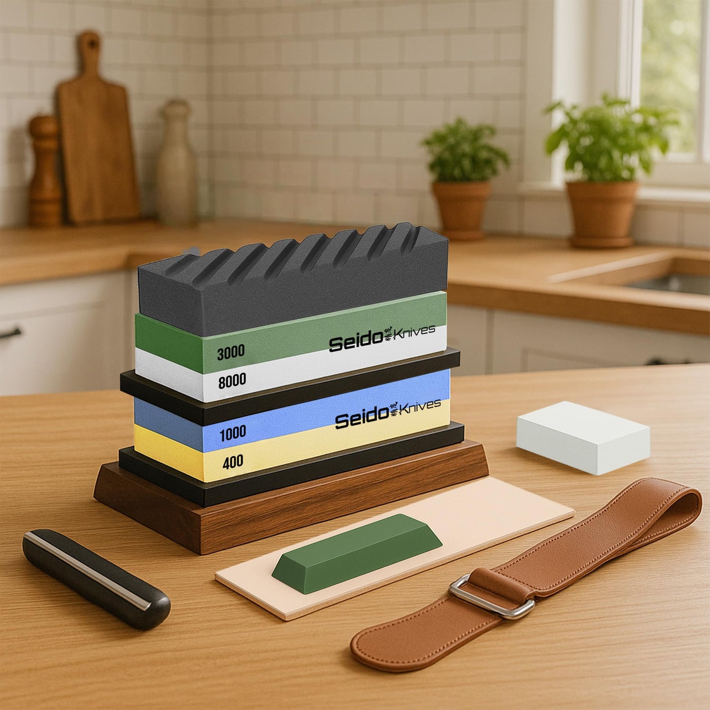 Seido Knives Professional Whetstone Set, Knife Sharpening Stone Kit Dual Grit Whetstone 400/1000 3000/8000 Knife Sharpener with Leather Strop