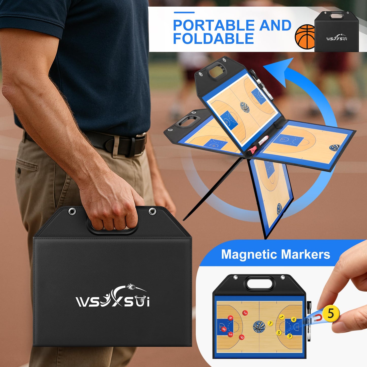 Wsixsui Magnetic Basketball Coaching Board | Foldable Leather Basketball Clipboard Kit for Coaches | Professional Basketball Tactic Board | Dry Erase Strategy Whiteboard | Carry Handle | Lightweight