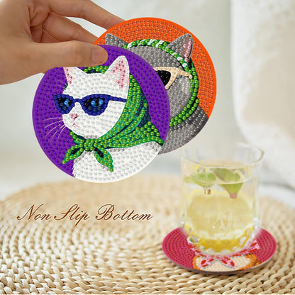 8 Pcs Cat Diamond Painting Coasters Kits with Holder,Cat Wearing Glasses Diamond Art Coasters with Wooden Pad for Adult,DIY Round Drill Gem Drink Coaster Art Craft Supplies for Home Decor 4x4 Inch.