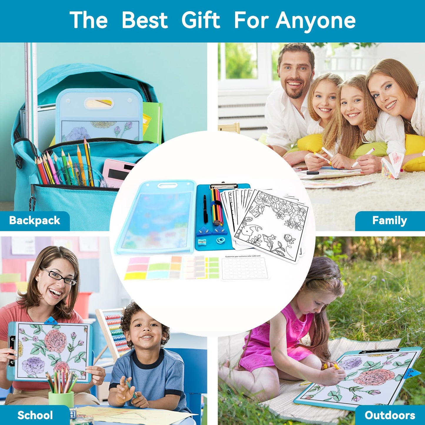 6uGooes Art Portfolio Bag for Kids, Art Folder with Handle, for A4 and 8.5" x 11" Artwork Drawing, with Clear Clipboard and Pencils,Creation Sets for Kids, Beginner, Travel Painting, Blue Theme