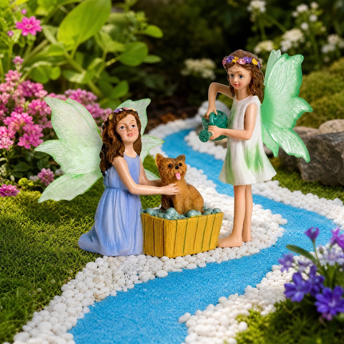 DONABELA Fairy Garden Figurines Set, 2PCS Miniature Dog Bath Statues, Garden Decor Accessories for Outdoor Patio, Yard, Lawn, Succulent Planter, Micro Landscape, Tiny Gift Kit
