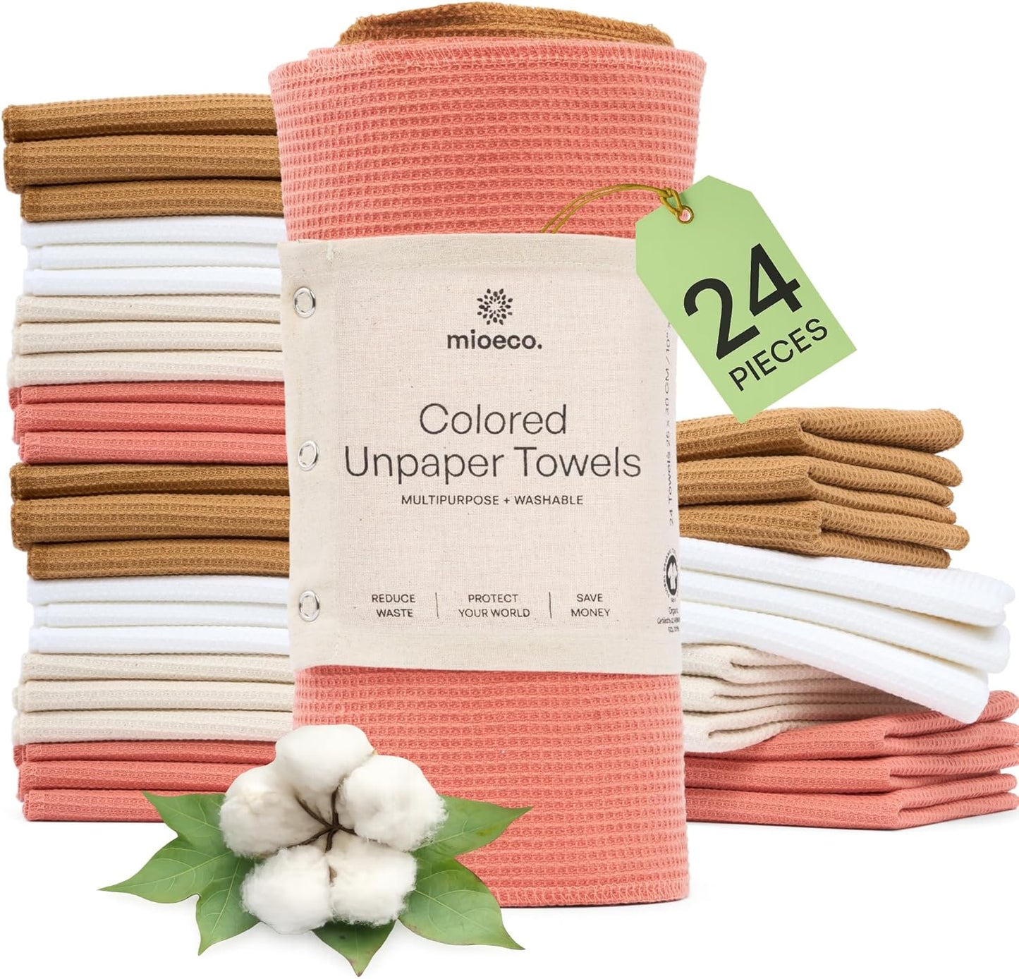 24 Pack mioeco Multicolored Reusable Paper Towels - Nature Friendly - Organic Cotton Alternative - Thick, Strong