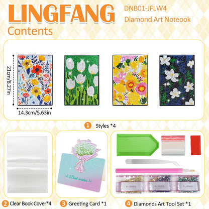 LINGFANG 4 Pack Diamond Art Kits for Adults Teens, Diamond Painting Journals Notebooks, DIY 5D Gem Dots Art Crafts for Adults, Teenagers' Birthday, Graduation, Gifts with Tools (Simple Pattern)