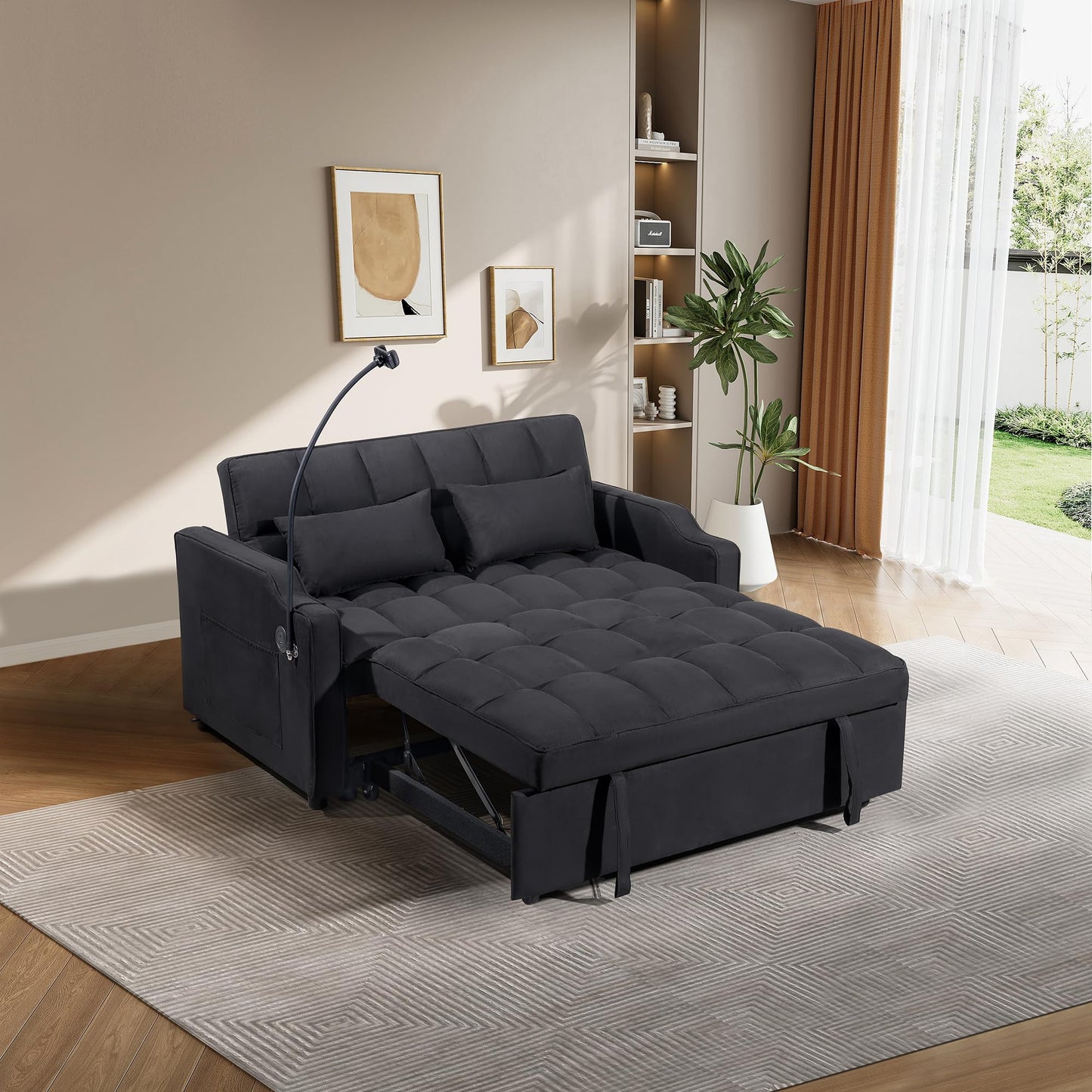KEIKI 53" 3-in-1 Multifunctional Sofa Bed with Adjustable Backrest, Foldable Futon Couch with USB Port & Swivel Phone Holder, Compact Loveseat Sleeper Sofa for Guest Room Home Office & Bedroom