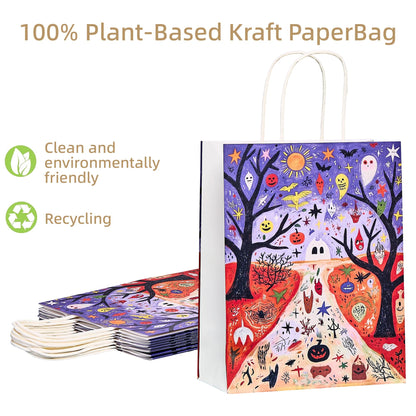Halloween Paper Bags 8x4.5x11 Inch, Spooky Pumpkin Ghost Bat Design, Trick or Treat Goodie Bags for Party (8-Pack)