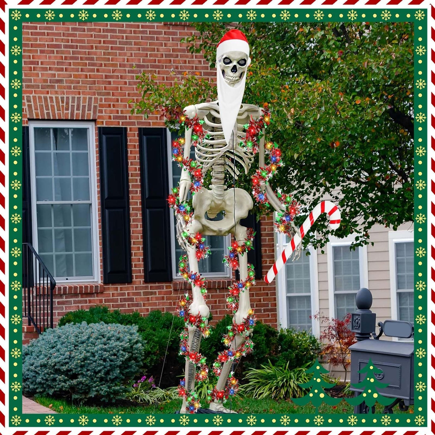 JcHrmers 4 Pcs Christmas 12 ft Skeleton Santa Costume Accessories Including Giant Santa Hat Top Long Beard Inflatable Candy Cane 16.4FT Christmas Tinsel Garland for Xtmas Outdoor Decor