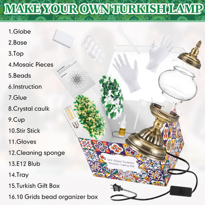 Baquler Turkish Mosaic Lamp Kit DIY Stained Glass Decorative Table Bedside Night Light Tabletop Bohemian Morrocan Lamp Crfat Kit for Living Room Decorations, Make Your Own (Green)