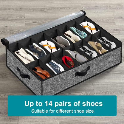 Under Bed Shoe Storage Organizer, 2 Pack Fits 32 Pairs, Clear Window, Foldable Shoe Rack Holder, Black