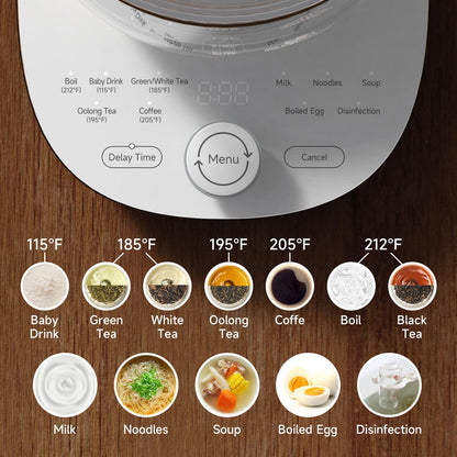 ICOOKPOT 1200w Electric Kettle, 1.5L Borosilicate Glass tea kettle, Hot water kettle electric for Coffee or Tea, BPA Free, Auto Shut-Off, Stainless Steel, Fast Boil, White