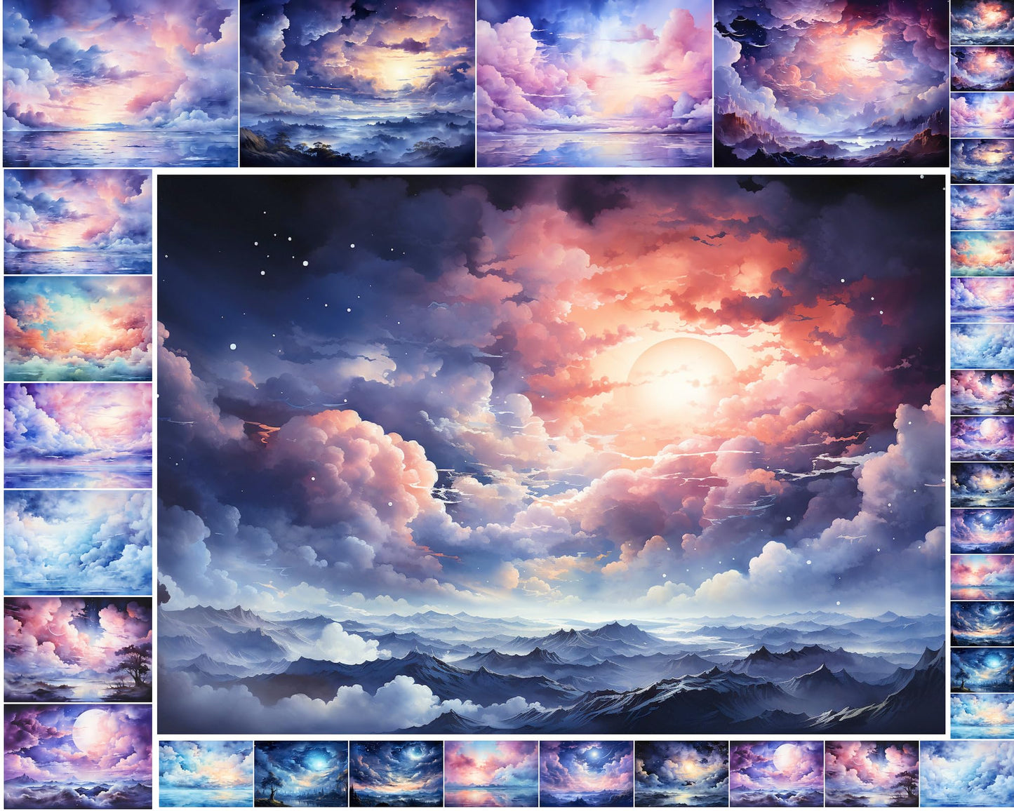 Decoupage Paper Pack (35 Sheets 6"x8") Stunning Sunsets and Night Skies Over Mountains and Oceans FLONZ Vintage Illustration Pictures Cards for Decoupage, Craft and Scrapbooking