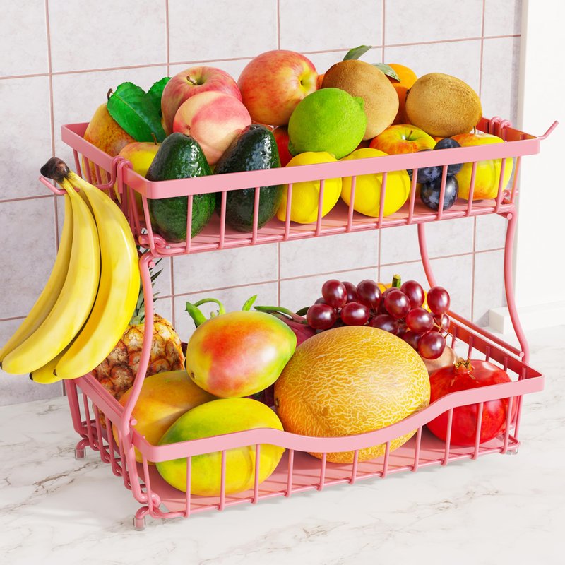 Zurklulu Pink 2 Tier Large Fruit Basket for Kitchen Counter with 2 Banana Hangers, Metal Fruit Bowl for Onion Vegetable Bread Snack, Countertop Organizer – 14.5" W x 9.5" D