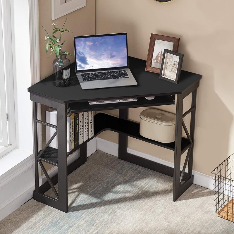 VECELO Corner Desk Computer Desk Writing Table with Smooth Keyboard Tray & Storage Shelves,Compact Home Office Triangle Table,Black