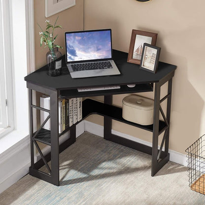 VECELO Corner Desk Computer Desk Writing Table with Smooth Keyboard Tray & Storage Shelves,Compact Home Office Triangle Table,Black
